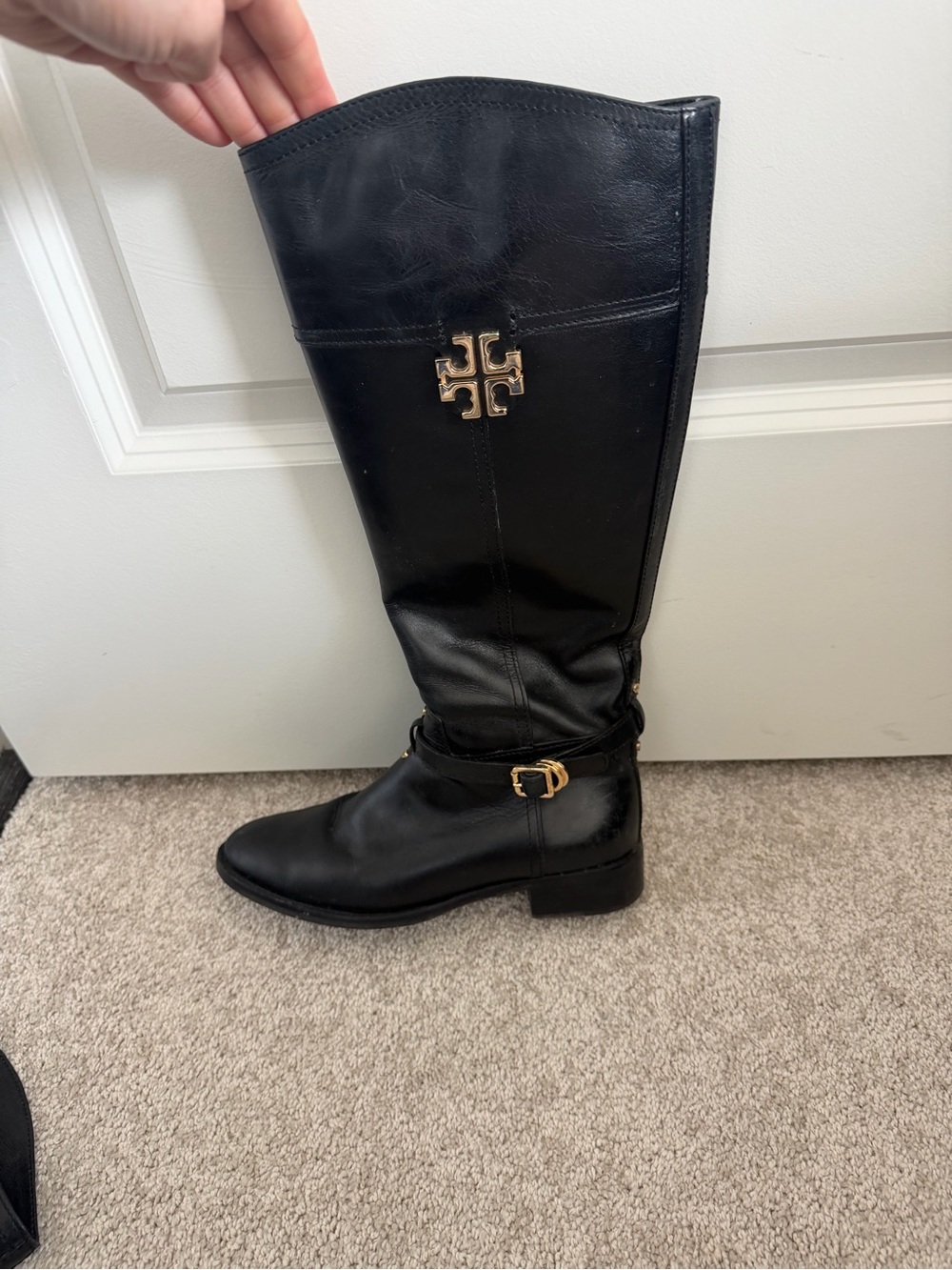Tory Burch Black Leather Knee-High Boots with Gold Logo - Picture 8 of 16